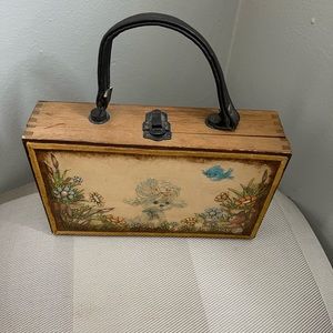 Vintage Wooden Handbag with Floral Design